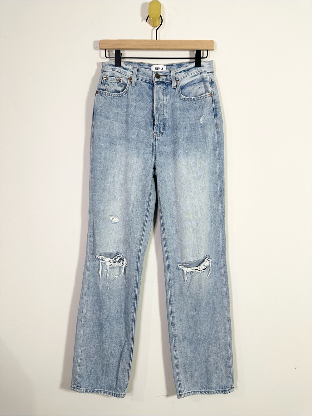 Pistola Cassie Light Wash Distressed High Rise Straight Leg Jeans